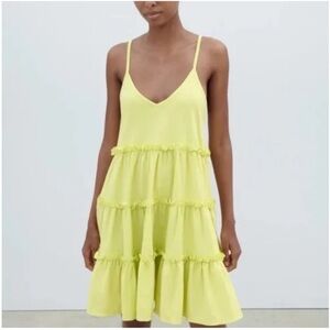 ZARA Mini Dress Tiered Ruffles Sleeveless Tank Women’s Small Neon Yellow Cotton